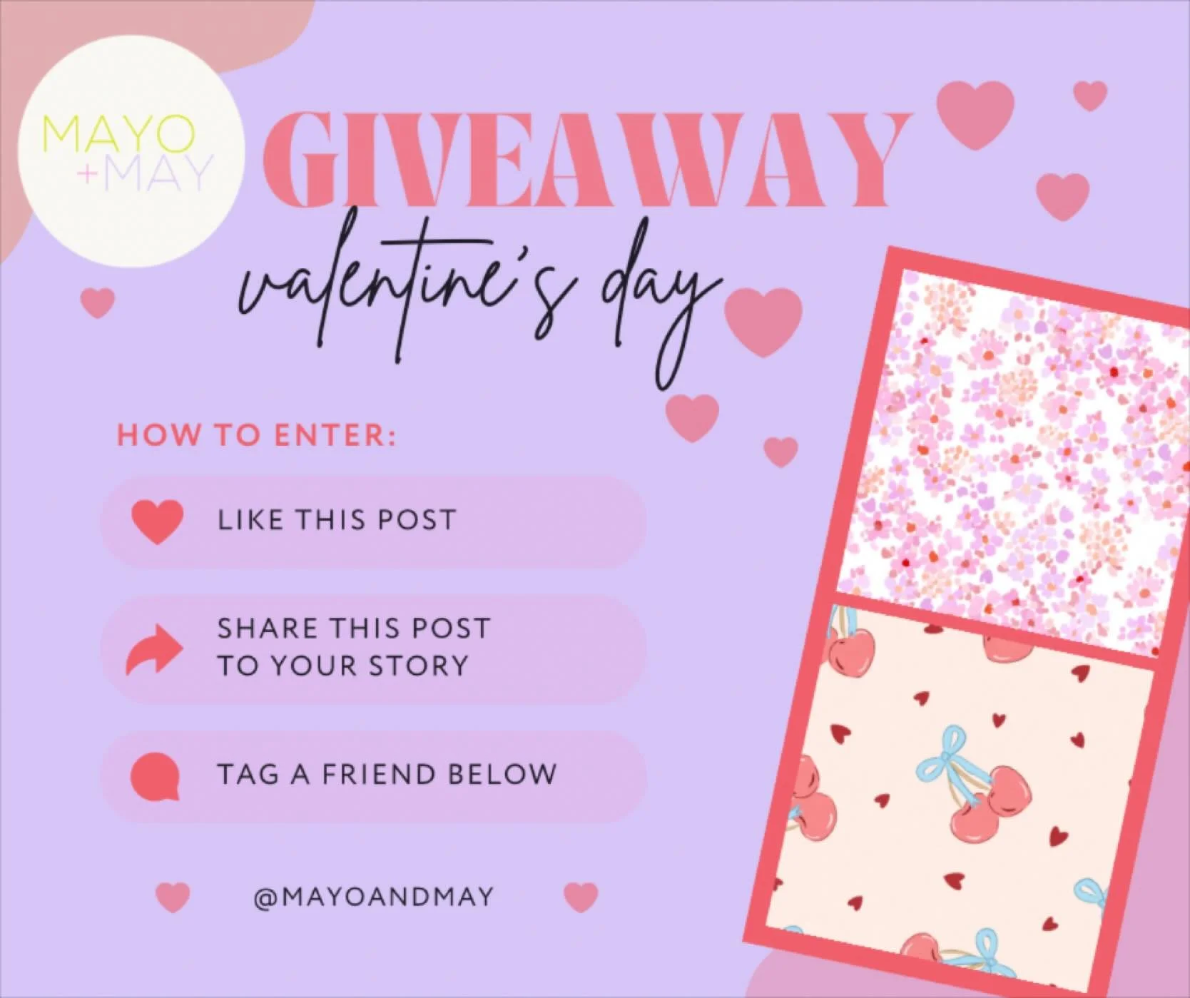 🩷VALENTINE&rsquo;S DAY GIVEAWAY 💛

Love is in the air at Mayo + May 🥰
We&rsquo;re spoiling one lucky winner with this dreamy, accessories bundle 🫶 with new fabric from @babyforestfabrics - artists @zanetfromwonderland &amp; @pruemelaniedesign 

W
