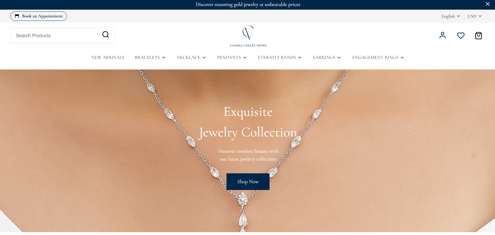 Close-up of a woman’s neck adorned with a silver necklace with white gemstones and a teardrop pendant, advertising a jewelry collection.