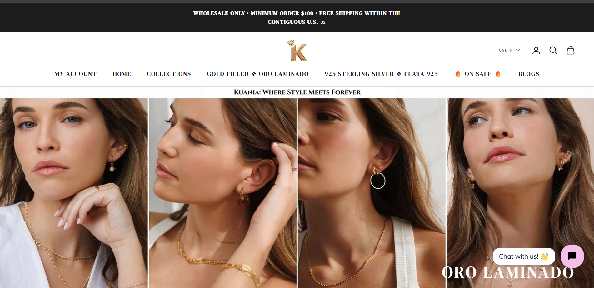 A collage of four women wearing gold and silver earrings and jewelry, posing against neutral backgrounds.