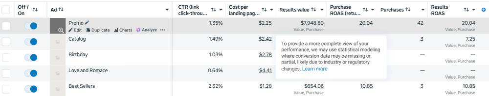 Meta Ads results by campaign