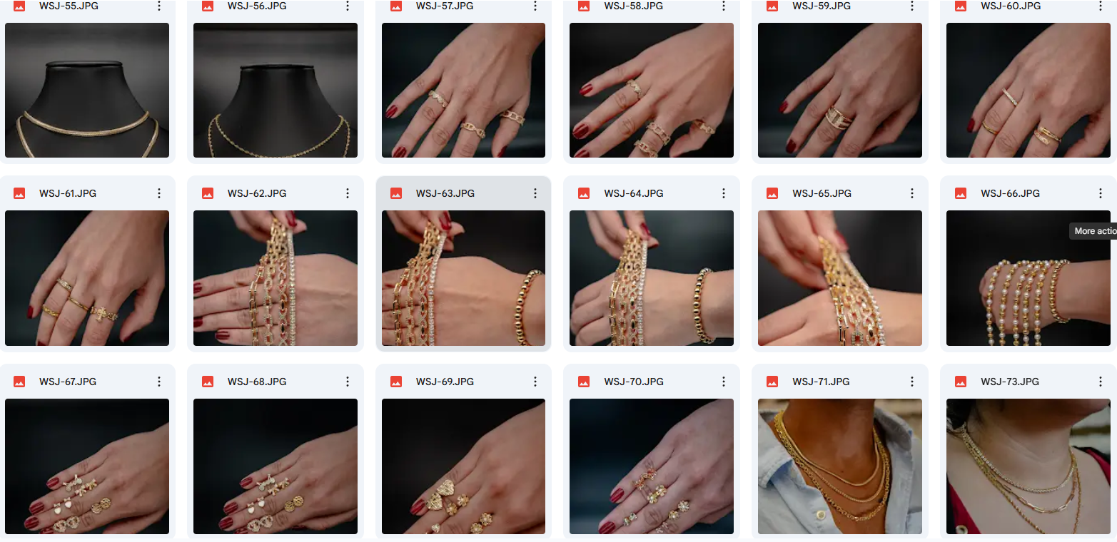 Close-up images of gold jewelry including necklaces, rings, bracelets, and earrings, worn on woman's hands and neck.