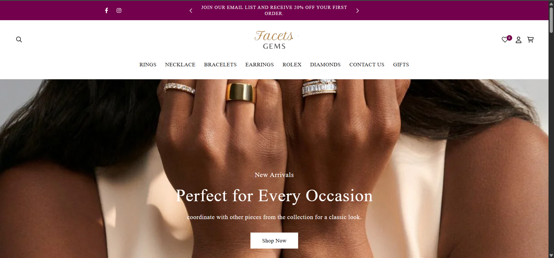 Close-up of a woman's hand with rings, resting on her neck and shoulder, showcasing jewelry at a jewelry website homepage.