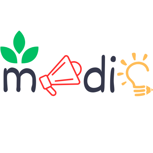 Logo with stylized text 'madi': 'm' has green leaves, 'a' is a red megaphone, 'd' and 'i' are standard letters with 'i' having a yellow light bulb and rays.