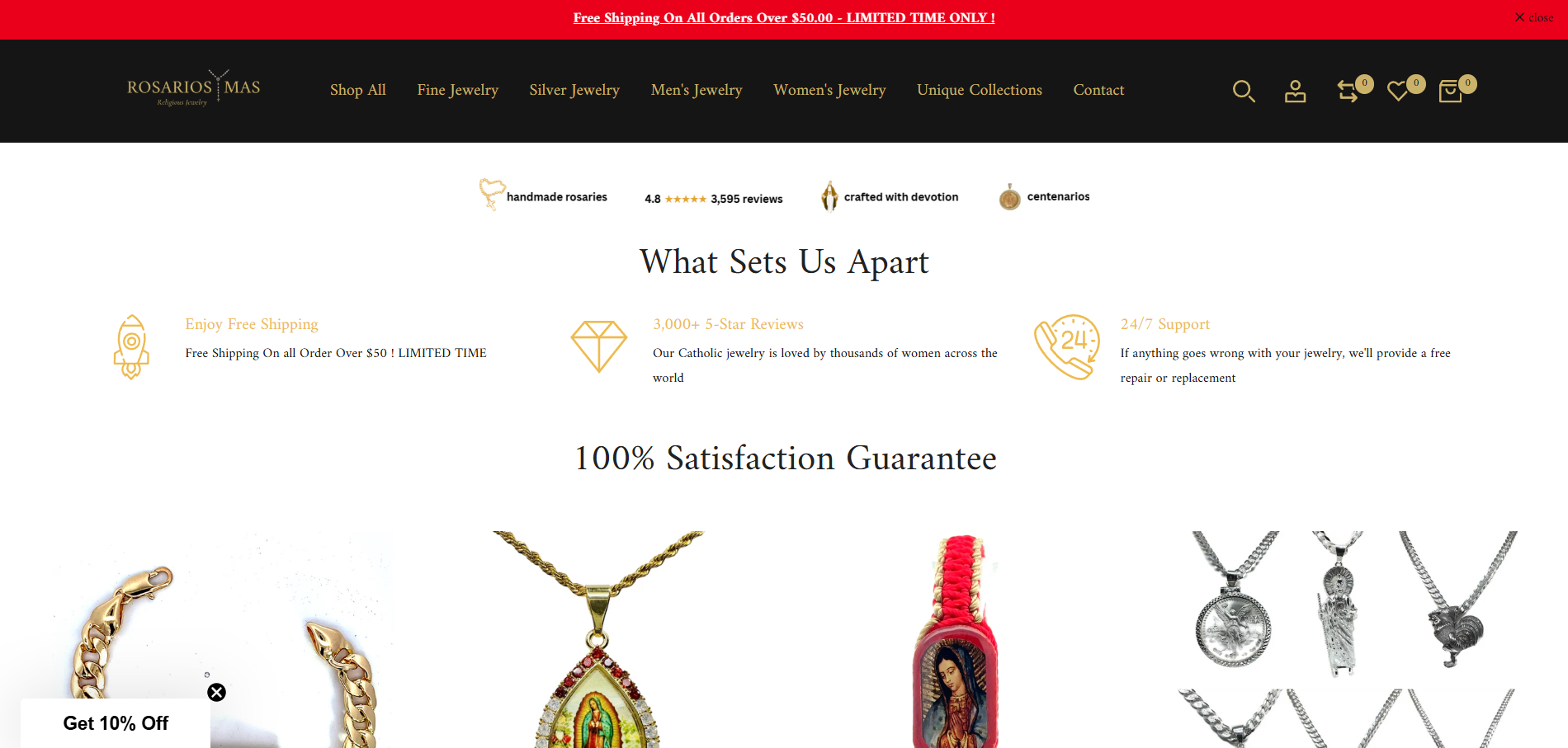 Screenshot of an online jewelry store webpage featuring various necklaces and jewelry items with headings about free shipping, customer reviews, and satisfaction guarantee.