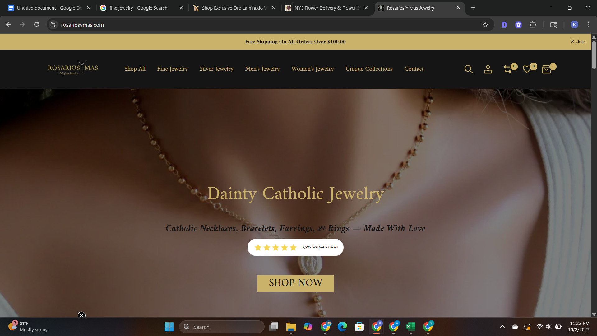 Close-up of a woman's neck and collarbone wearing a gold Catholic necklace with a religious pendant, promoting Catholic jewelry from Rosarios Y Mas Jewelry.