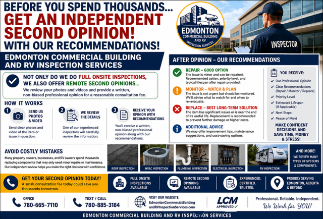 BEFORE YOU SPEND THOUSANDS ON REPAIRS OR REPLACEMENTS

Get an independent second opinion from Edmonton Commercial Building & RV Inspection Services.

Send us photos or a video of the building component in question, and we'll provide a professional, n