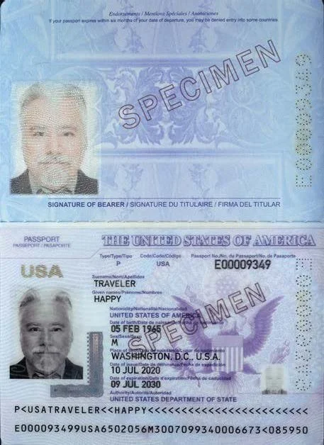 U.S. passport featuring the words 'SPECIMEN' stamped across it, with photos of a man and a woman, passport number, and personal details for a traveler named Happy, issued in Washington, D.C. in July 2020.