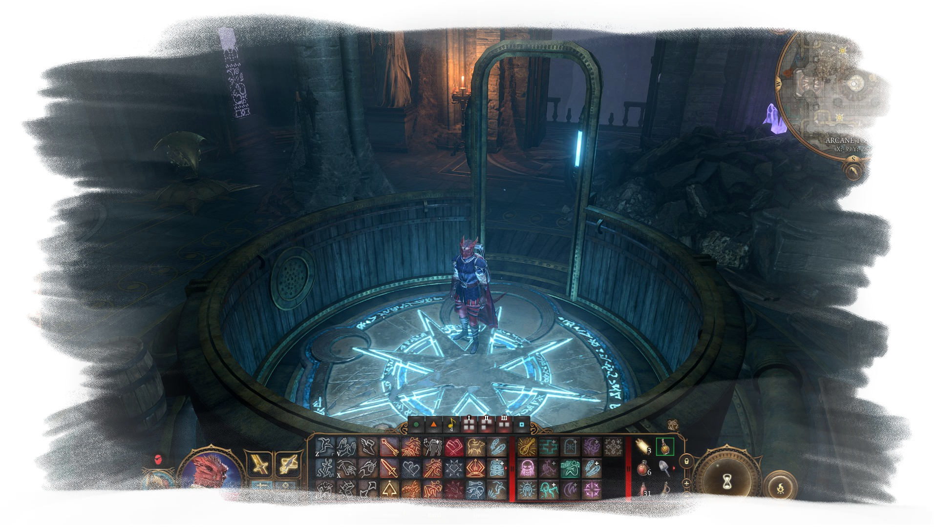 A character is standing on a circular, glowing platform located inside a tube-like structure with a door behind the character.