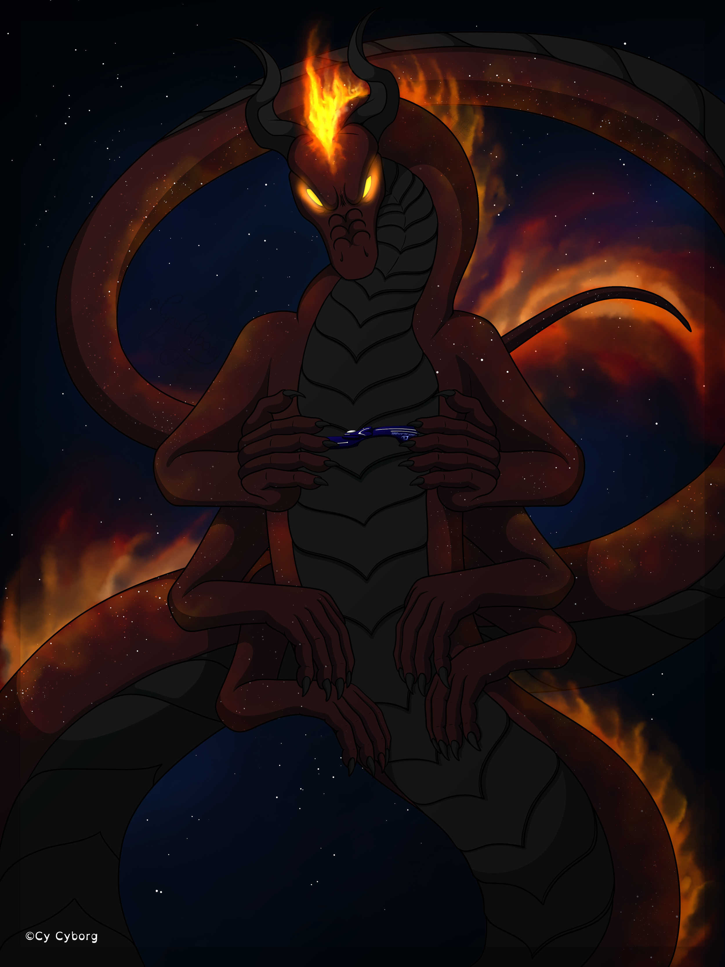 An illustration of a giant dragon with dark red and orange scales flying through space. It is covered in little white specs, resembling a starry sky, and down its back is a mane of fire. It is holding between its hands, a spaceship