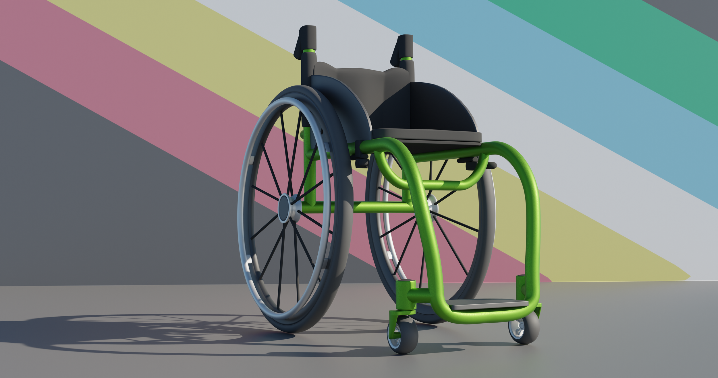 A 3D model of a green, rigid frame wheelchair in front of the disability pride flag