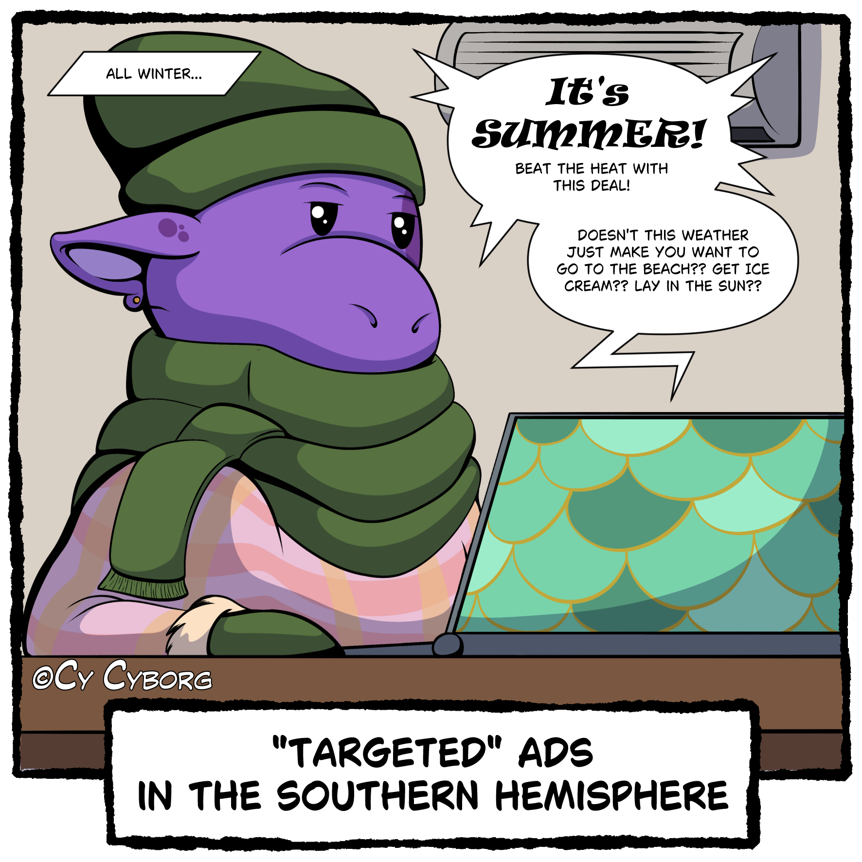 A comic with 4 panels featuring Nix, an anthropomorphic purple dragon, looking at their laptop and sitting at a desk. Panel 1: In the top corner is a box that says "All winter". Nix is wearing a thick scarf that comes up and over their snout, a bea