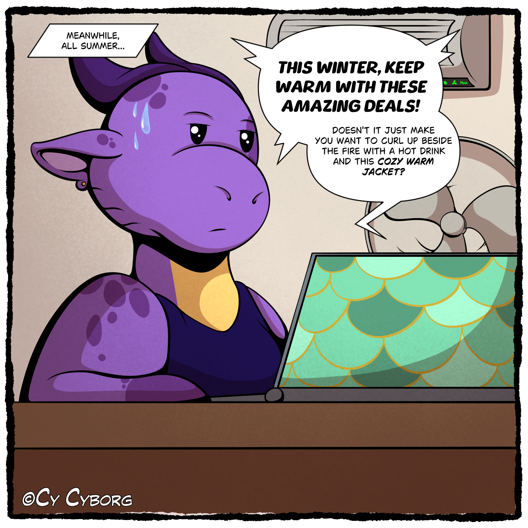 Panel 3: A new scene, mostly the same as the last one, except Nix is wearing a singlet now and is visibly sweating. A fan and air conditioner in the background have been turned on and are blowing air towards nix. In the top corner is another box tha