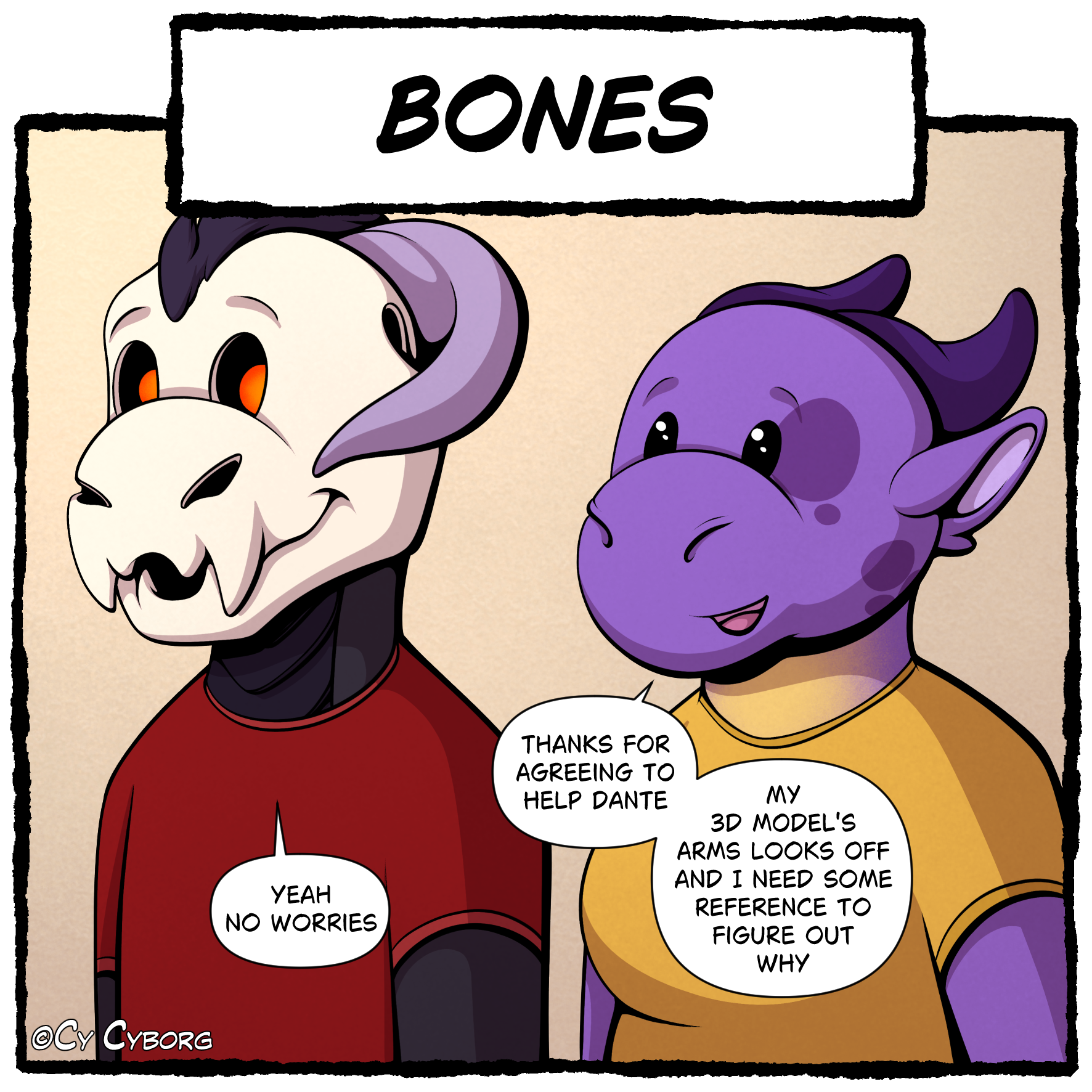 Panel 1: A simple chibi style comic featuring two characters, Dante and Nix. Nix is a purple anthropomorphic dragon with a yellow shirt, while dante is a black dragon with a white skull for a face and is wearing a red shirt. Nix is standing behind D