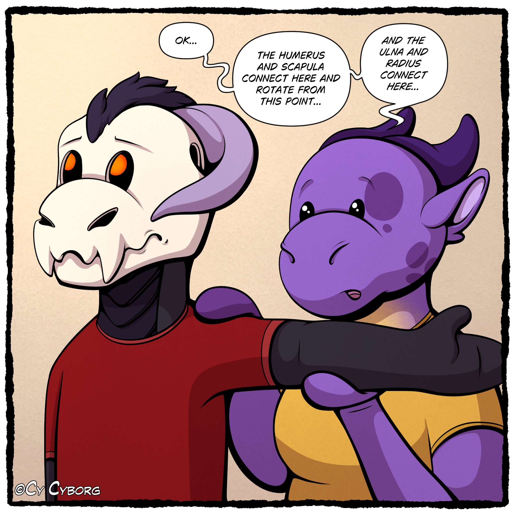 Panel 2: Nix holds dante's arm up at a right angle to his body and mutters to themself "Ok... The humerus and scapula connect here and rotate from this point... and the ulna and the radius connect here" meanwhile, Dante is starting to look uneasy an