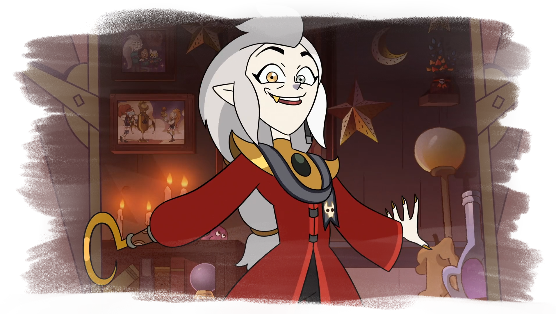 A screenshot of Eda, her hair tied back and wearing a red robe and a hook for her right hand.