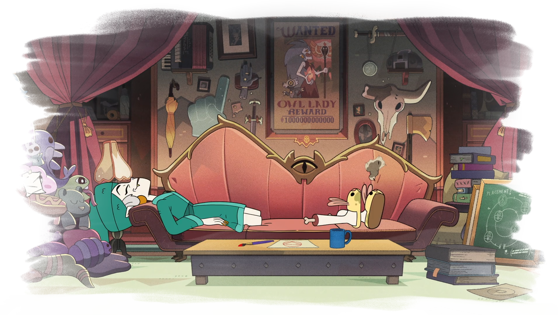 an image of Eda laying on the couch in a bathrobe, her hair in a towel. She has taken her legs off, throwing them to the other side of the seat.