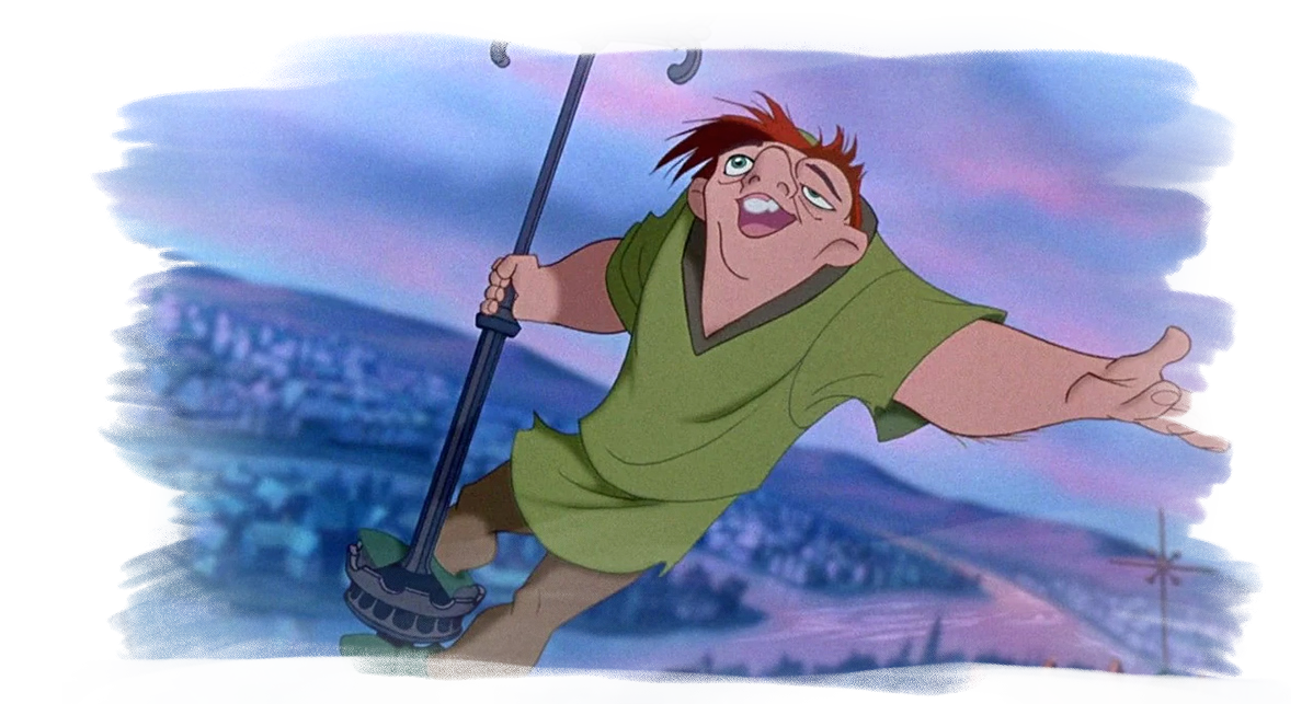 A screenshot of the hunchback of notre dame showing Quasiemodo, a man with a hunchback and facial differences swinging and singing on at spire at the top of the notre dame cathedral.