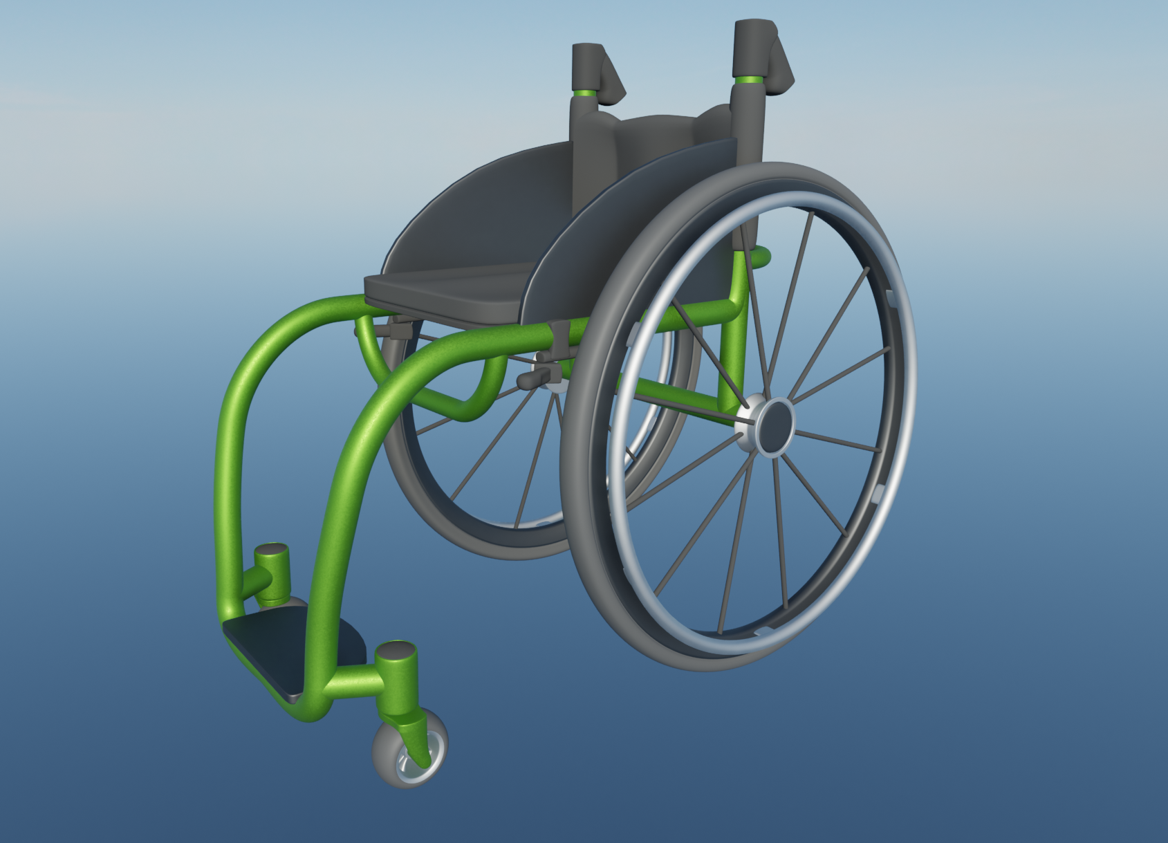 A more simplified render of the same wheelchair model, this time in front of a blue background. The angle is slightly higher and more side-on than the previous one