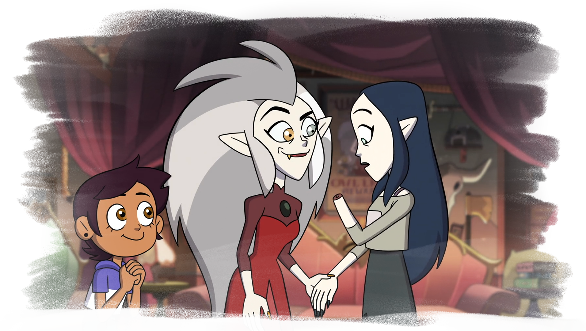 an image of Eda holding her sister Lilith's hand. Lilith is a pale woman with long, black hair. She is looking at her other arm surprised, as her hand is missing. Luz, a Latina girl with short brown hair and a purple hoodie is looking on, smiling.