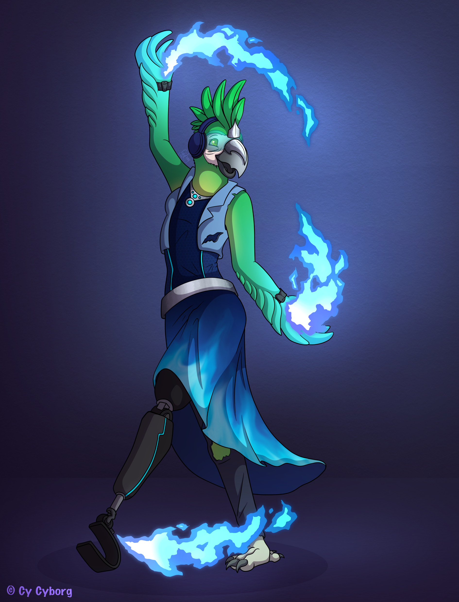 An illustration of a green anthropomorphic bird. She is wearing a blue shirt, a denim sleeveless jacket and a blue skirt with blue fire on it. She is wearing cuffs on her arms that shoot blue fire, and another jet of blue fire is coming from her pros
