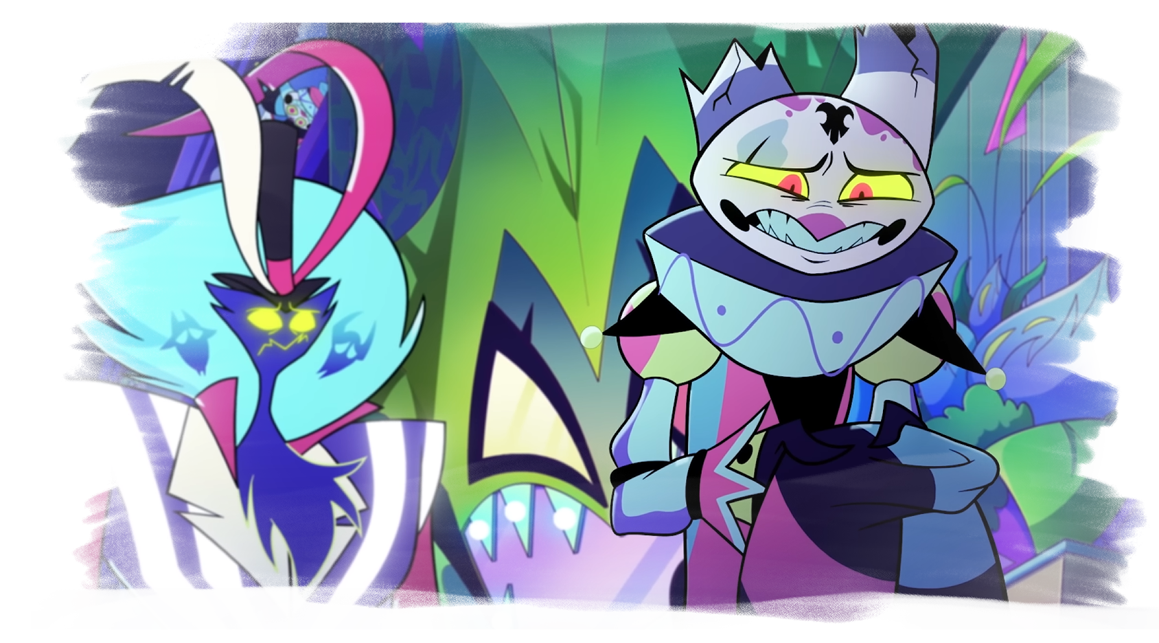 A screenshot of Helluva Boss showing Fizzarolli, a cartoon imp in a clown outfit, patchy makeup and broken horns, anxiously holding his jester's cap in his hands. Behind him, Asmodeus, a large blue, feathery demon in a striped suit, looks concerned.