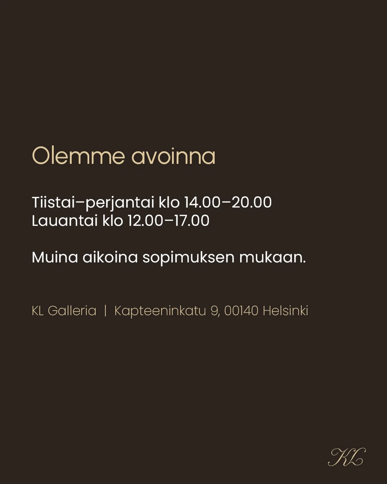 P&auml;ivitetyt aukioloajat &mdash; tervetuloa! 🖼️

🗓️ Tiistai&ndash;perjantai klo 14.00&ndash;20.00
🗓️ Lauantai klo 12.00&ndash;17.00
Muina aikoina sopimuksen mukaan.