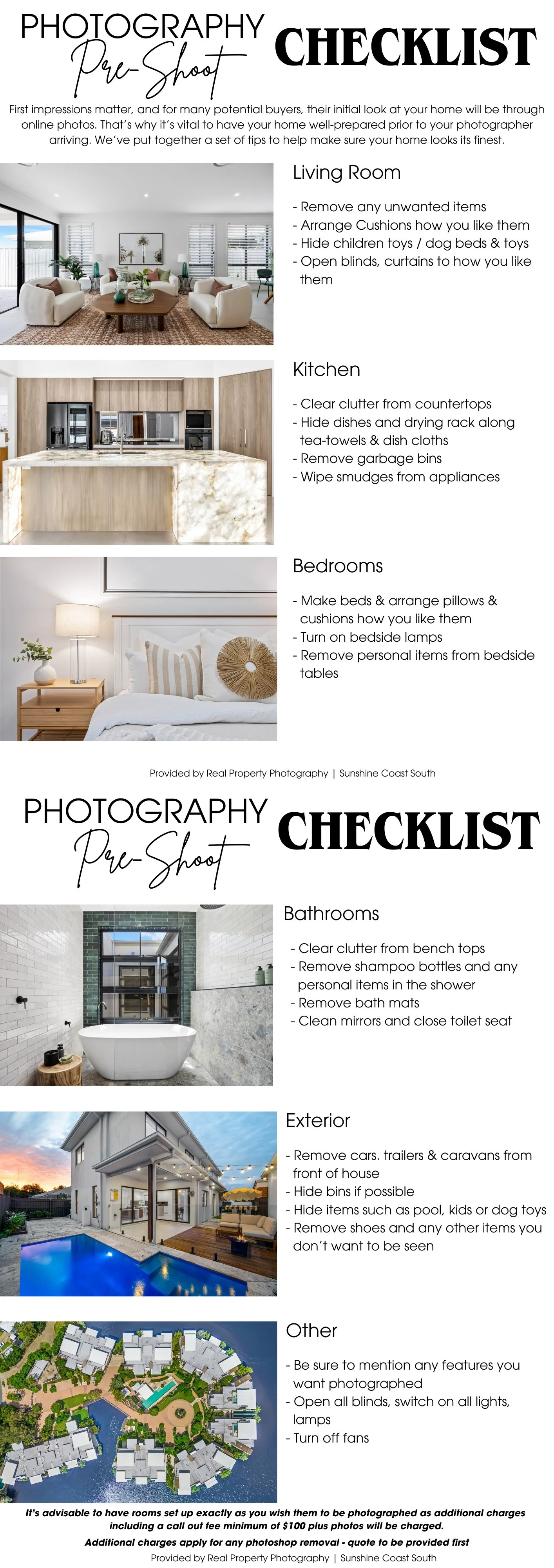 A checklist for photographing a home, including tips for living room, kitchen, bedrooms, bathrooms, exterior, and other features, with accompanying images of each space.