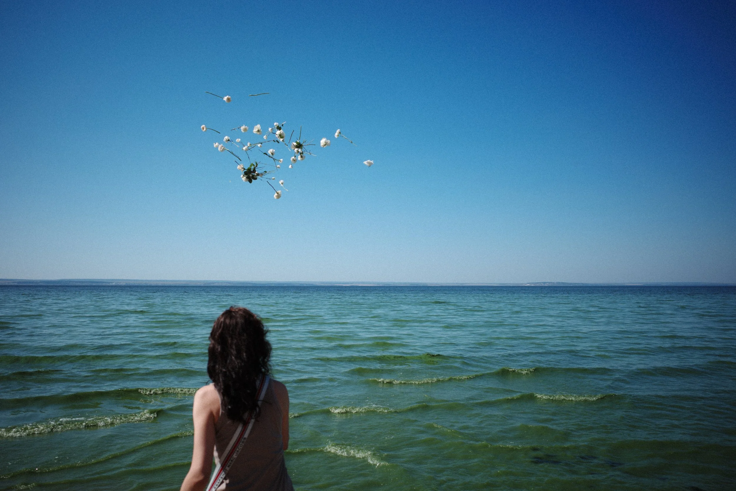 A woman with curly dark hair wearing a sleeveless top and carrying a bag, standing on the beach, looking at the ocean, with white flowers and a few clouds flying in the air above the water.