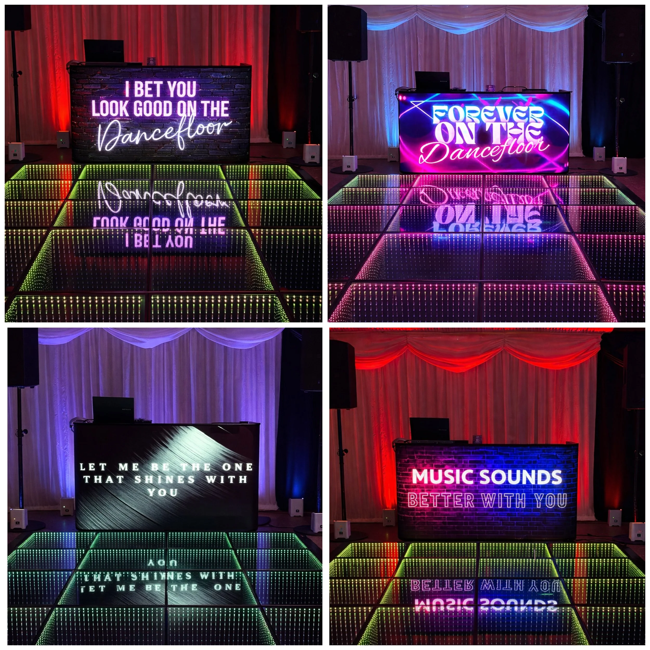 LED wedding DJ booth displaying four colourful music lyric designs