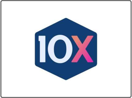 Logo with '10X' inside a hexagon and the text 'Your Future' on a dark blue background.