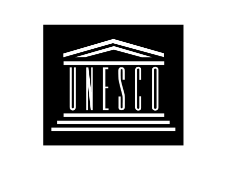 UNESCO logo with a stylized building and steps on a black background.