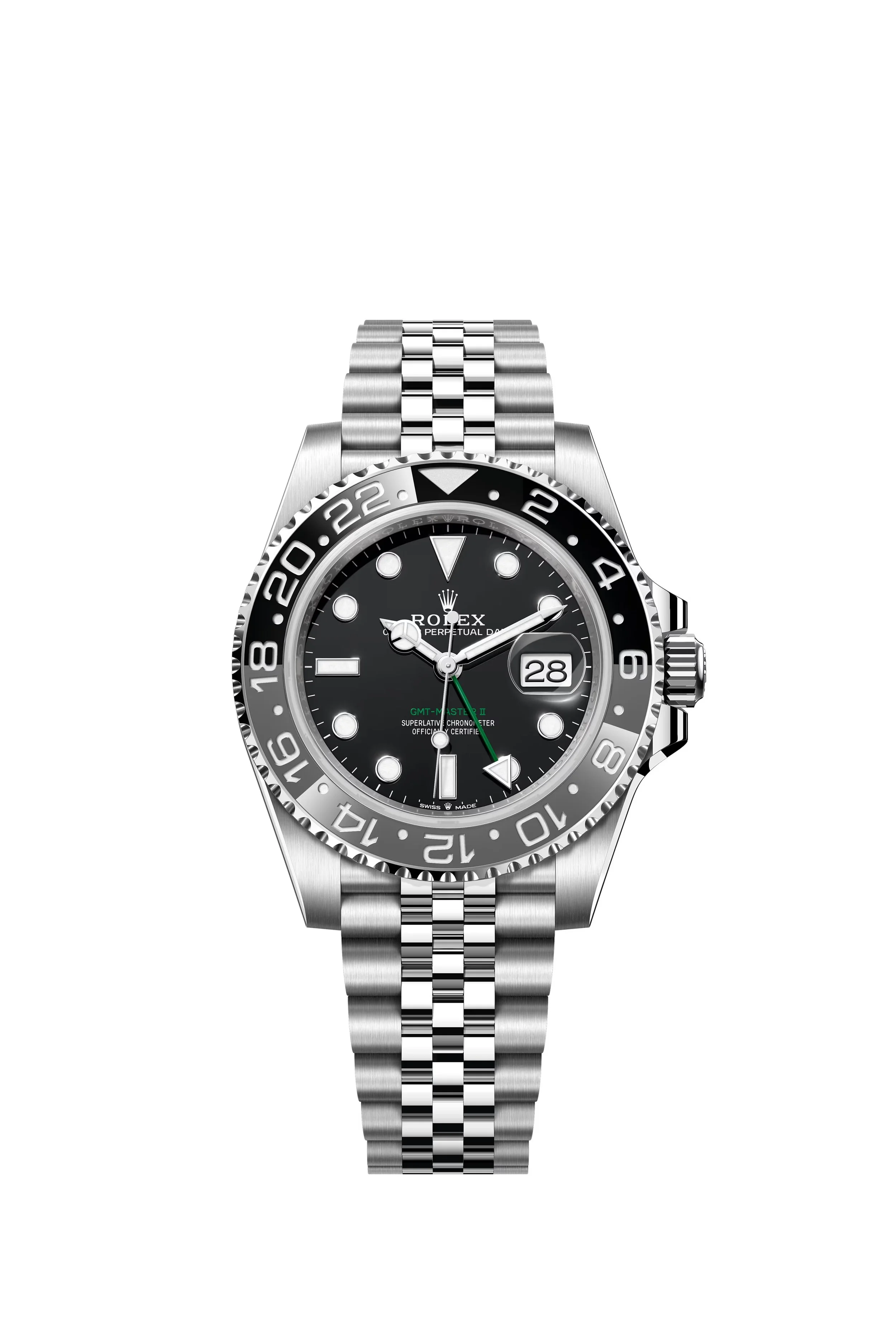 Une montre Rolex GMT-Master II en acier inoxydable avec un cadran noir et une lunette bicolore grise et noire. La montre a un bracelet en métal et une date affichée à 3 heures.