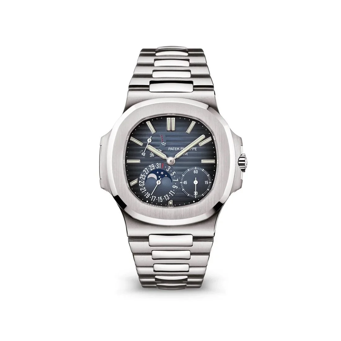 Une montre en acier inoxydable de marque Patek Philippe avec un cadran noir, affichant des heures, minutes, secondes, une complication de date, de phase de lune, et un affichage 24 heures.