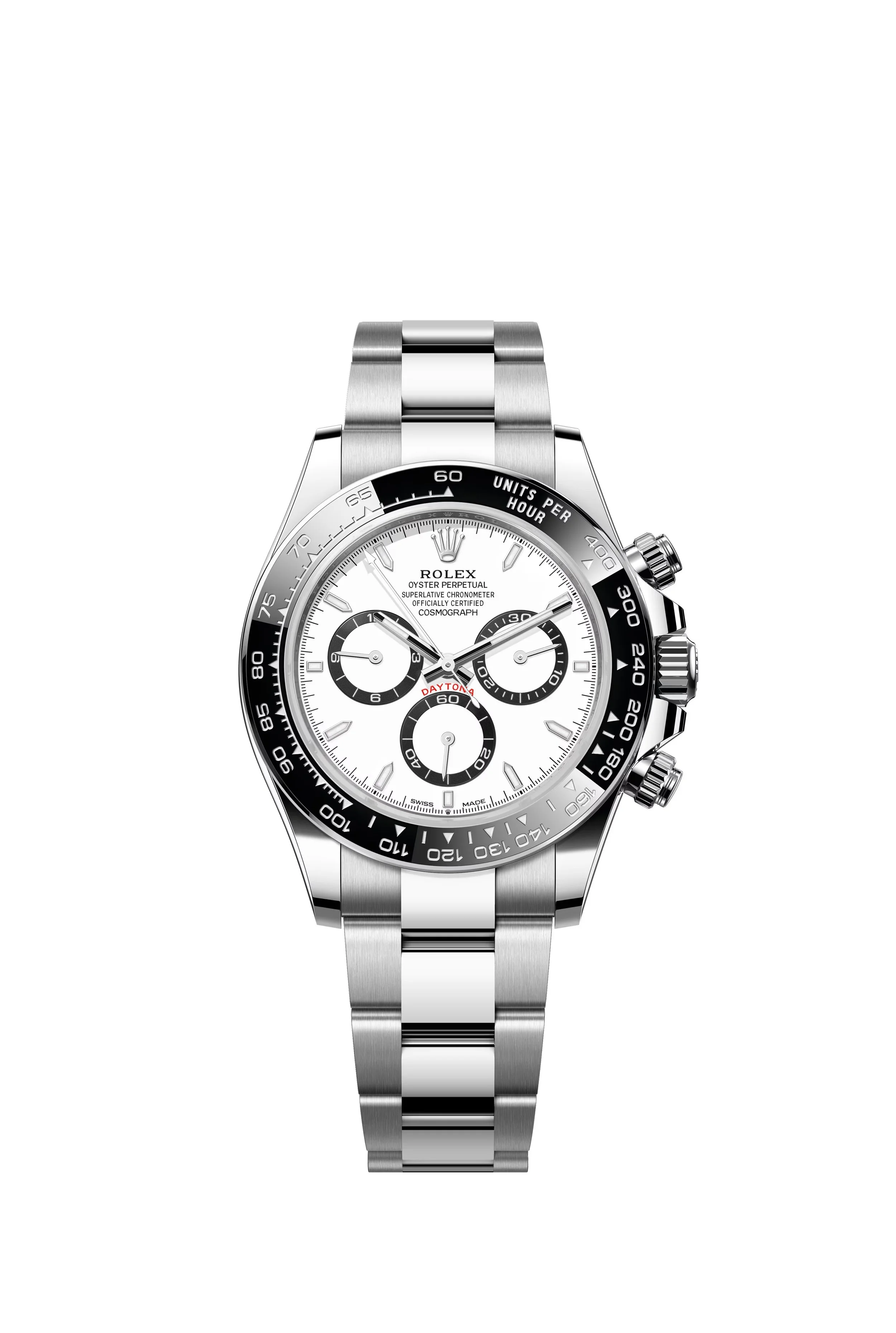 Montre Rolex Daytona en acier avec cadran blanc, chronographes noirs, et lunette noire avec tachymètre