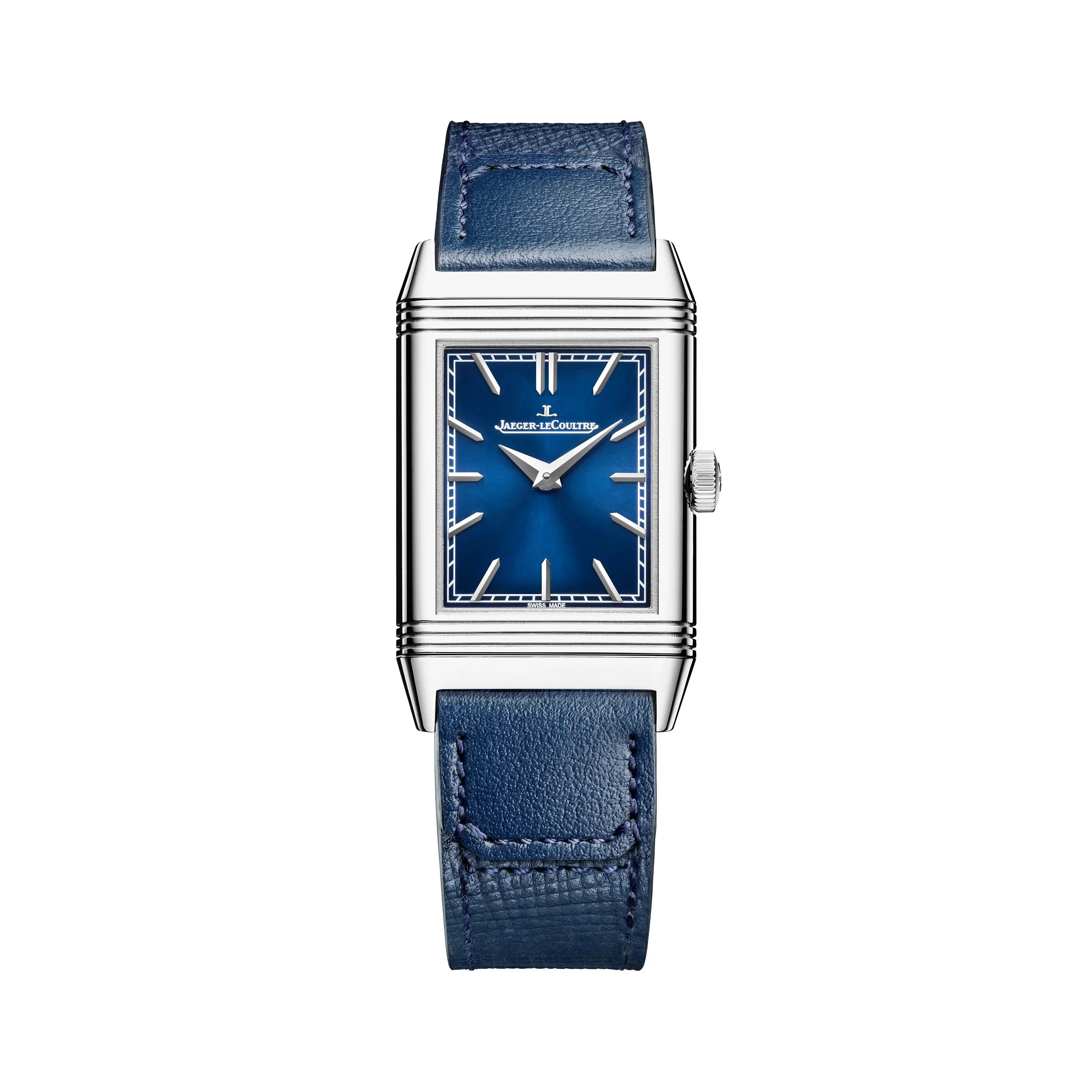 Montre rectangulaire avec un cadran bleu et un bracelet en cuir bleu.