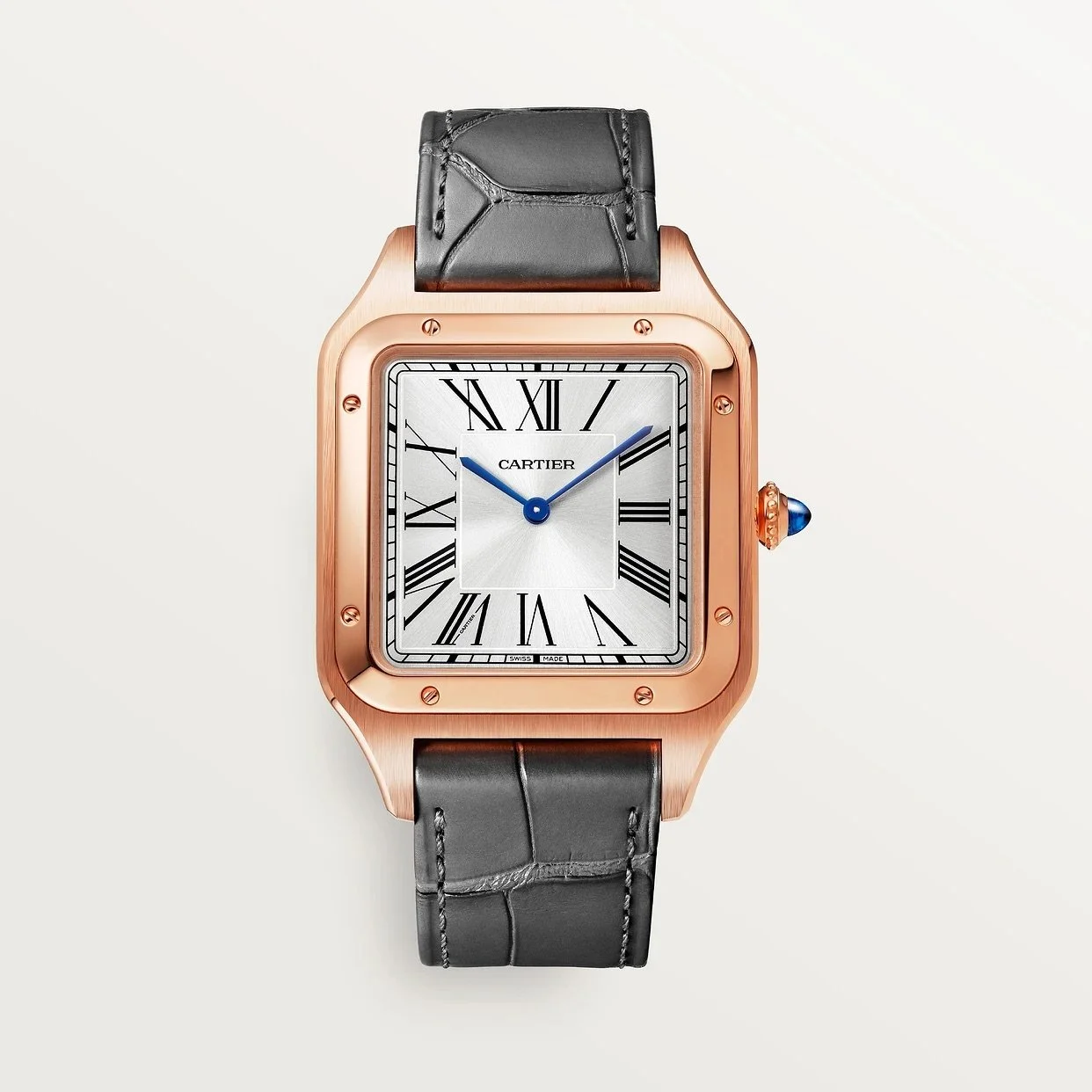 Montre élégante de marque Cartier avec boîtier en or rose, cadran argenté à chiffres romains, et bracelet en cuir noir.