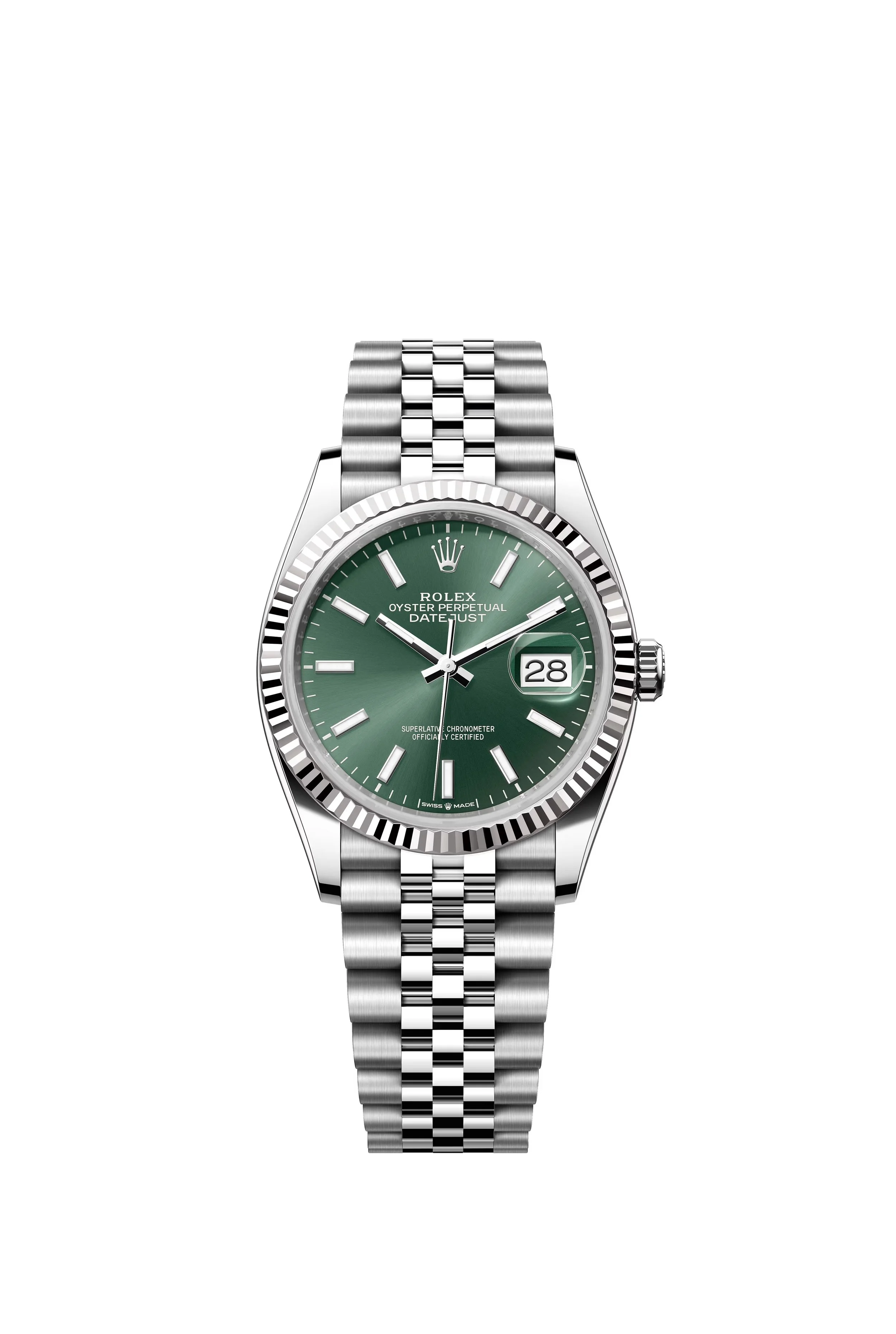 Montre Rolex Oyster Perpetual Datejust avec un cadran vert et un bracelet en acier inoxydable.