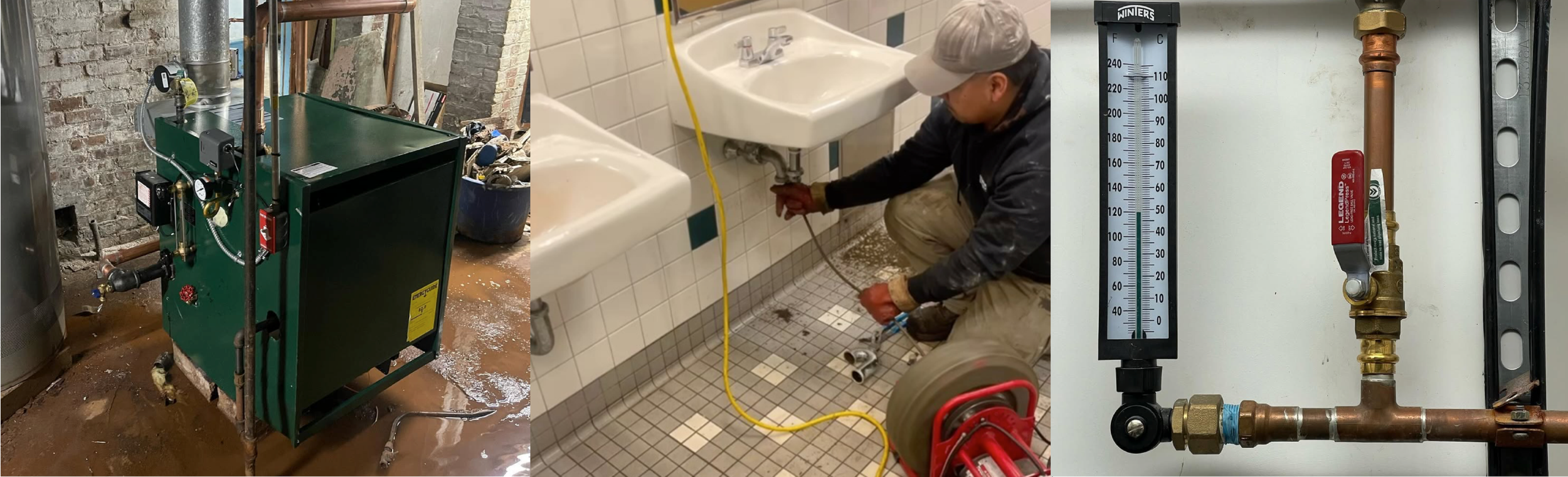 Images of plumbing and heating systems: First image shows a boiler in an unfinished basement; second image shows a technician testing plumbing connections near bathroom sinks; third image shows a close-up of a water pressure gauge and copper piping in a plumbing setup.