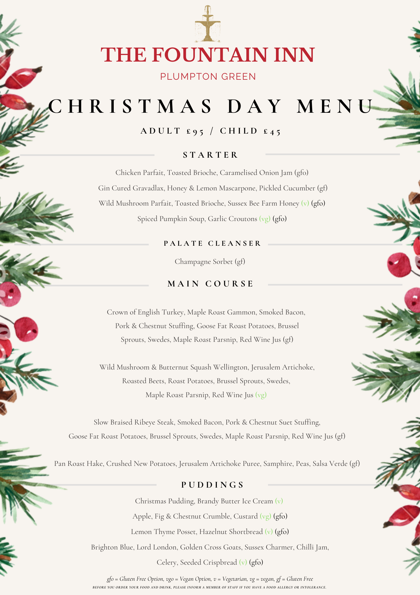 The Fountain Inn Christmas Day menu: adults £95, children £45