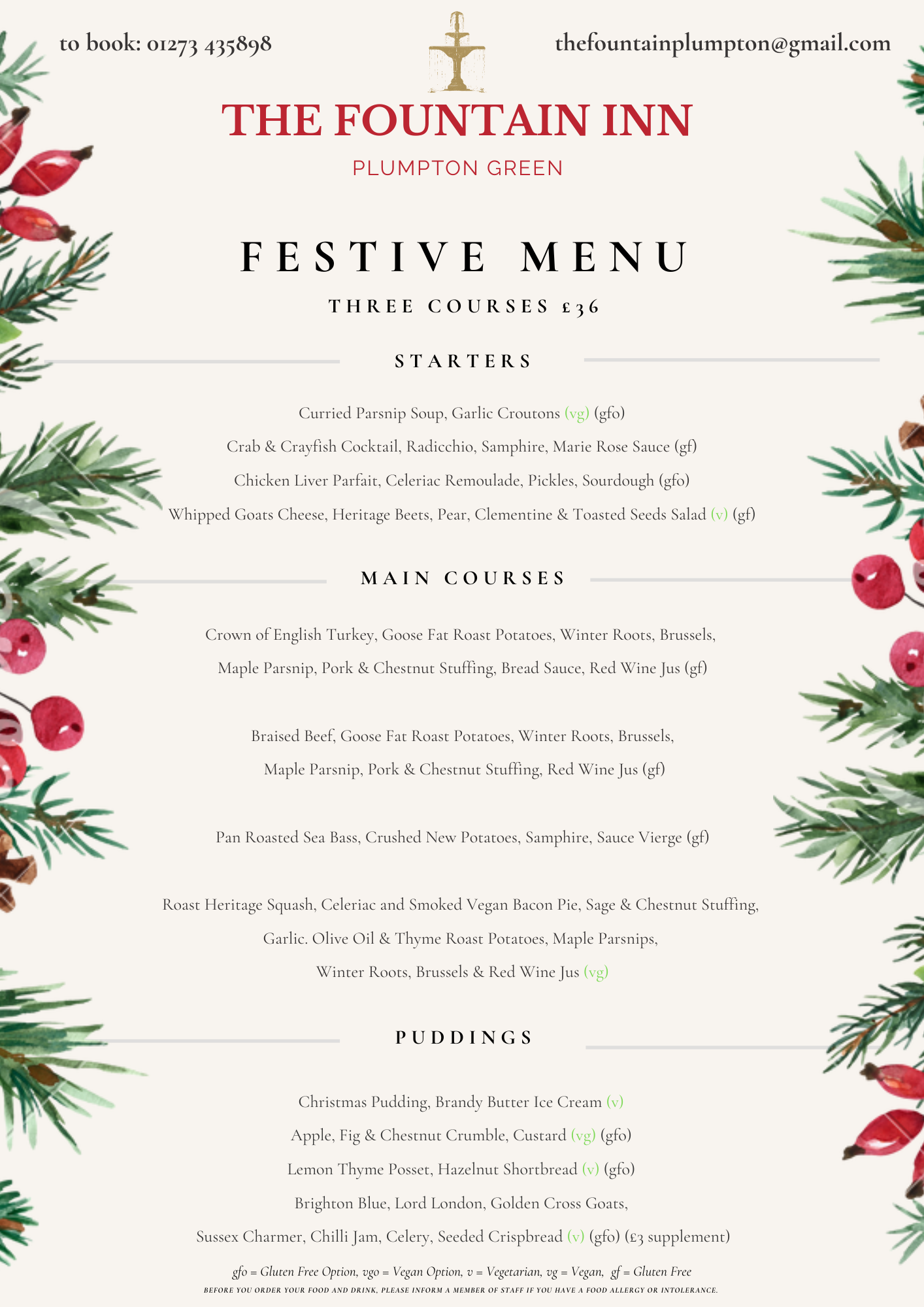 The Fountain Inn festive menu: three courses £36 per person
