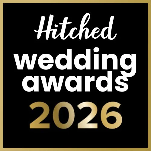 Text saying 'Hitched wedding awards 2026' on a black background with a gold border.