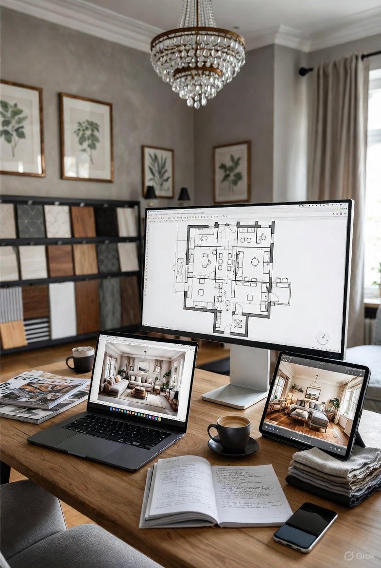 Home interior design workspace with a large monitor displaying a house floor plan, a laptop and tablet showing interior room images, a notebook with handwritten notes, a smartphone, two cups of coffee, stacked towels, and a background with framed botanical prints and a window with curtains.