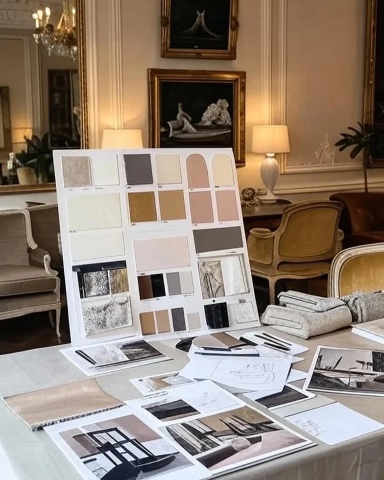 Interior design mood board with paint color samples, fabric swatches, and design photos on a table in an elegant room with framed artwork, lamps, and vintage furniture.