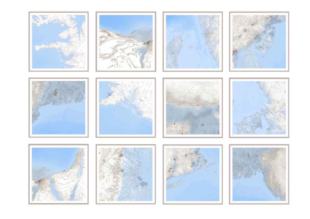 Future Cartography Study, sketch of the work.
Archival print on archival paper.
Dimensions: Each frame, 54,4 x
54,4 x 3 cm
Material of frames: natural oak,
massive, anti-glare glass
Works from the series have been shown at
International Print Cent