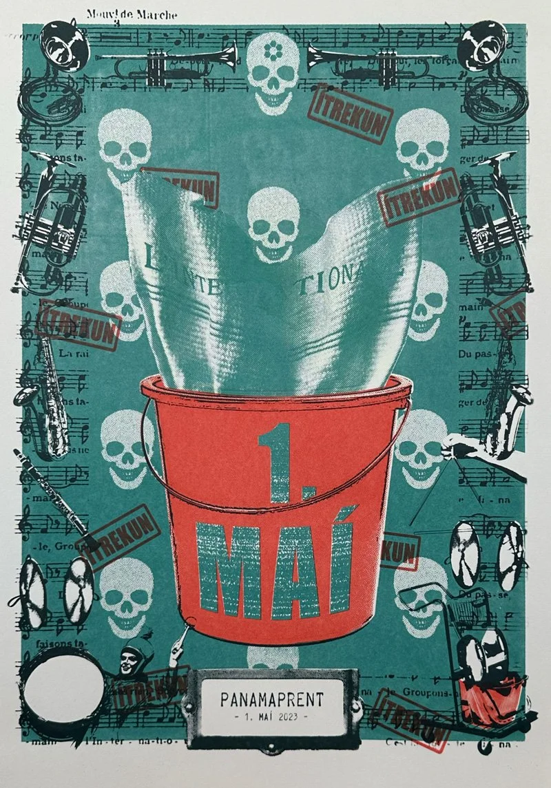 A poster featuring a red bucket with the text '1er Mai' (May 1st) in large letters, surrounded by skulls, musical notes, and illustrations of musical instruments like saxophones and drumsticks, with a background of sheet music and newspaper text. The