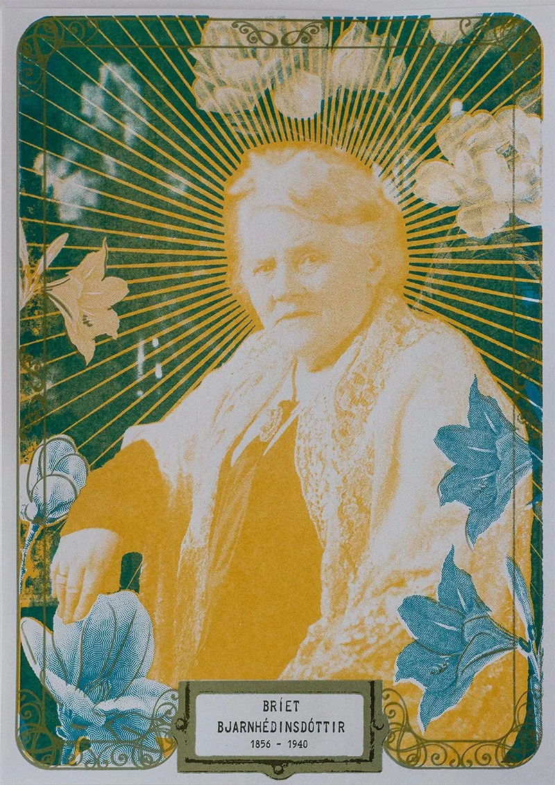 A vintage-style illustration of Briet Bjarnadóttir, an older woman with gray hair, surrounded by decorative flowers and golden rays emanating from her head. There is a label at the bottom with her name and lifespan, 1856 to 1940.