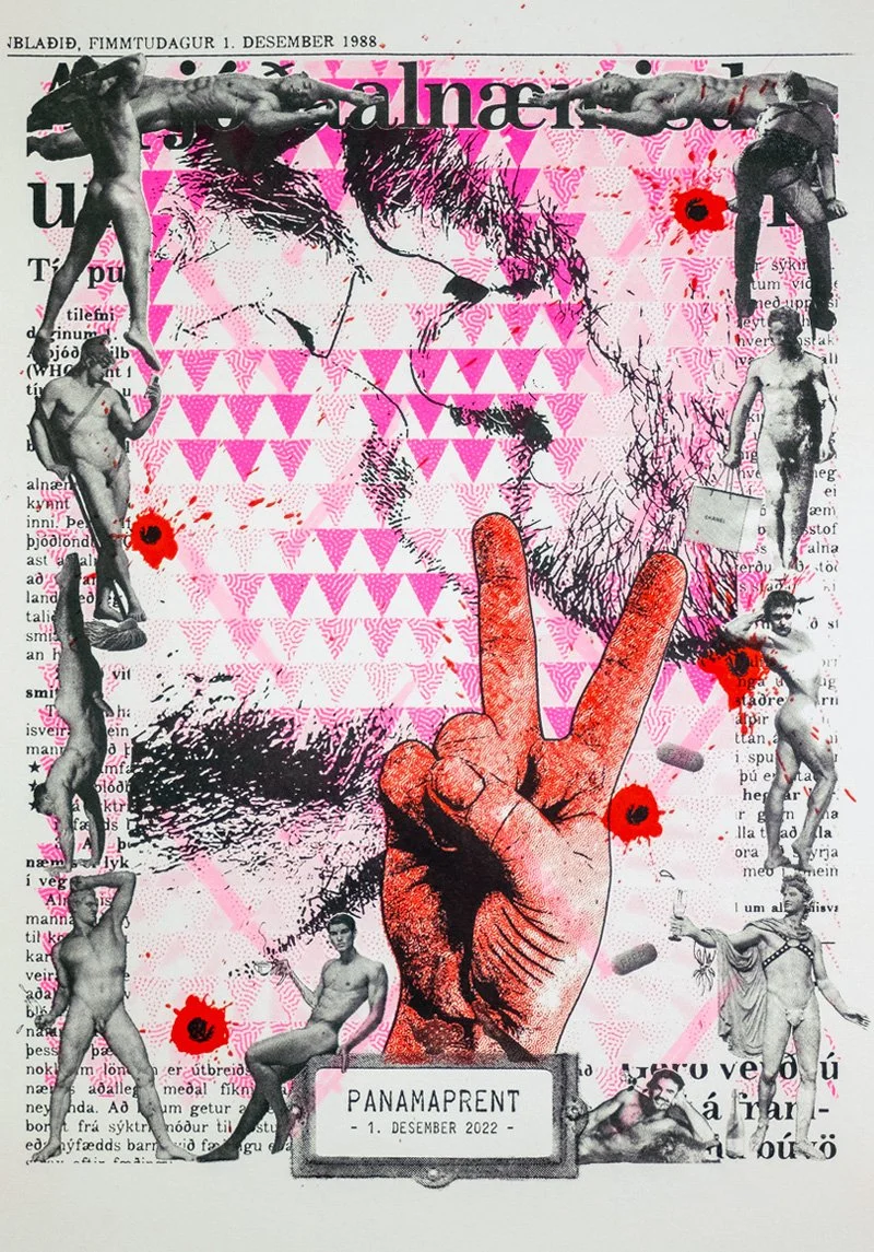 Collage artwork featuring a large, partially sketched face in the background with a hand making a peace sign in the foreground. Several small, black-and-white photos of naked male figures are arranged vertically around the collage, each with red flow