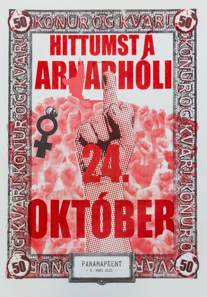 Poster with bold red text in Icelandic celebrating the 50th anniversary of the Icelandic Women's Rights Association, featuring a raised fist with a feminist symbol and a date of March 8, 2025, in honor of International Women's Day.