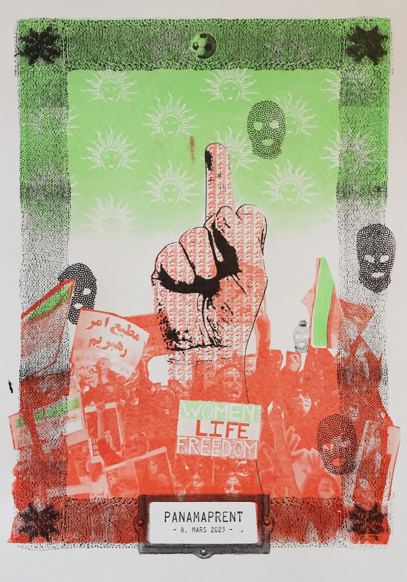 A printed protest poster with national and international symbols, including a raised fist, a Middle Eastern flag, and slogans promoting women's rights and freedom, with the date March 8, 2023, and the title Panamprent.