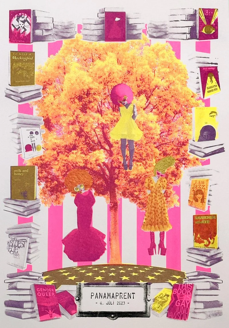 Colored illustration of a large tree with pink and orange leaves, with three women in fashionable clothing and sunglasses standing or hanging around it. Books are stacked along the sides and below, with titles related to literature, LGBTQ+ themes, an
